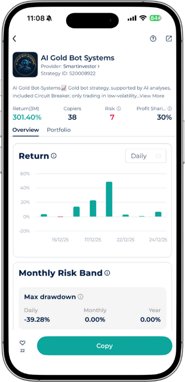 AI Gold Bot Systems Expert Advisor on Startrader app interface displaying Return 3M of 301.40 percent and monthly risk band.