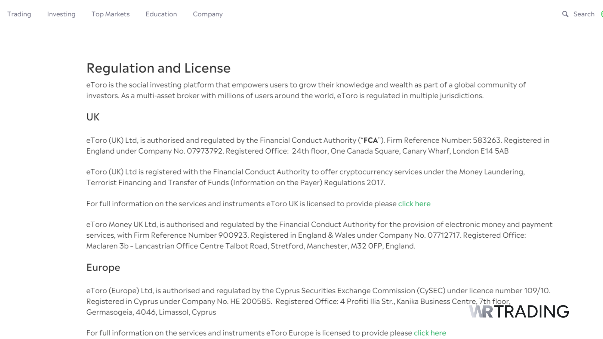 EToro Regulation and License details page