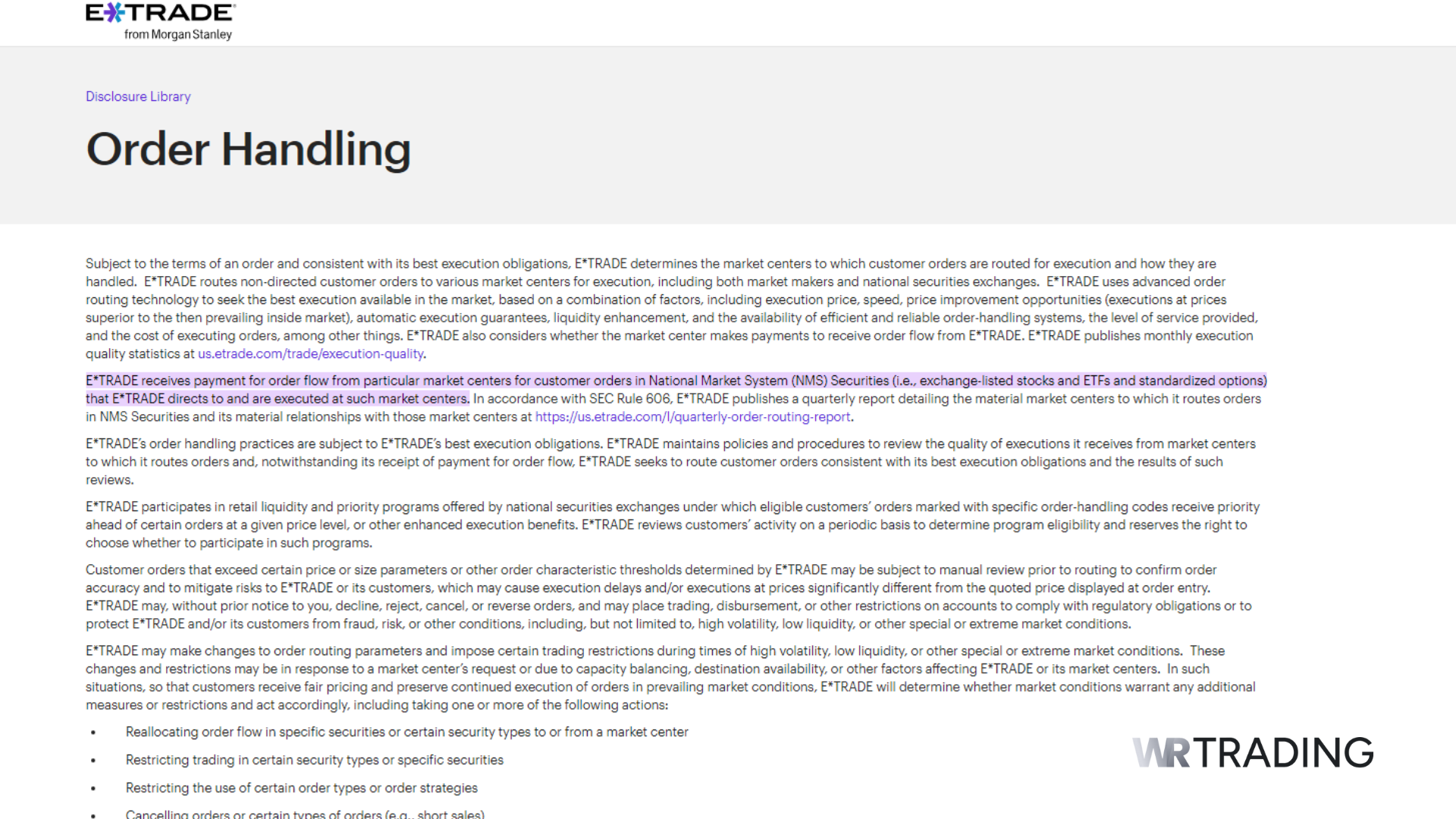 ETrade Payment For Order Handling