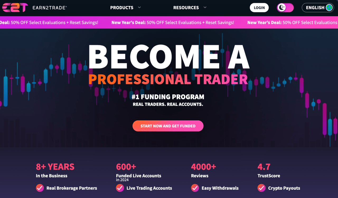 Earn2Trade website, prop trading firm that accepts US traders