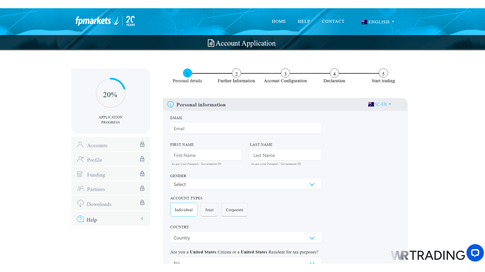 FP Markets Forex Trading Demo Account Opening Page