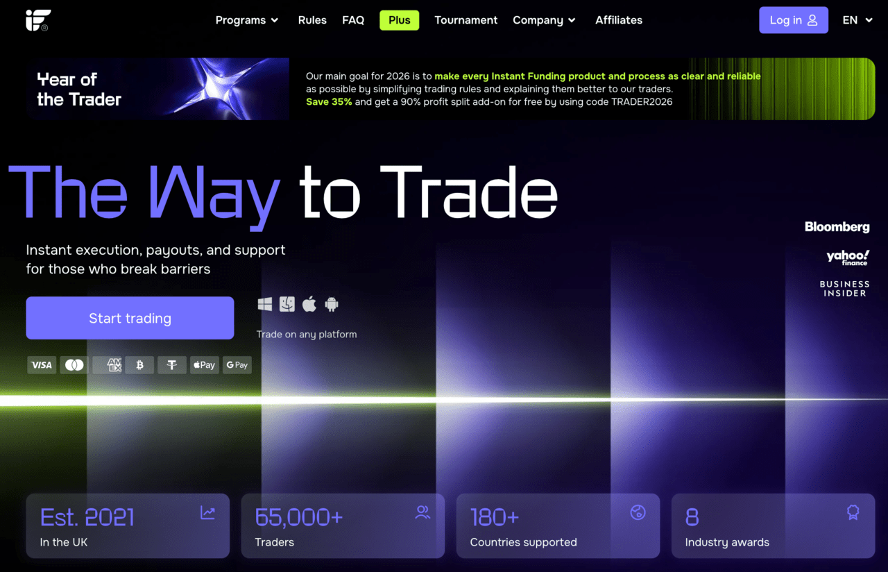 Instant Funding official website, prop trading firm accepting US traders