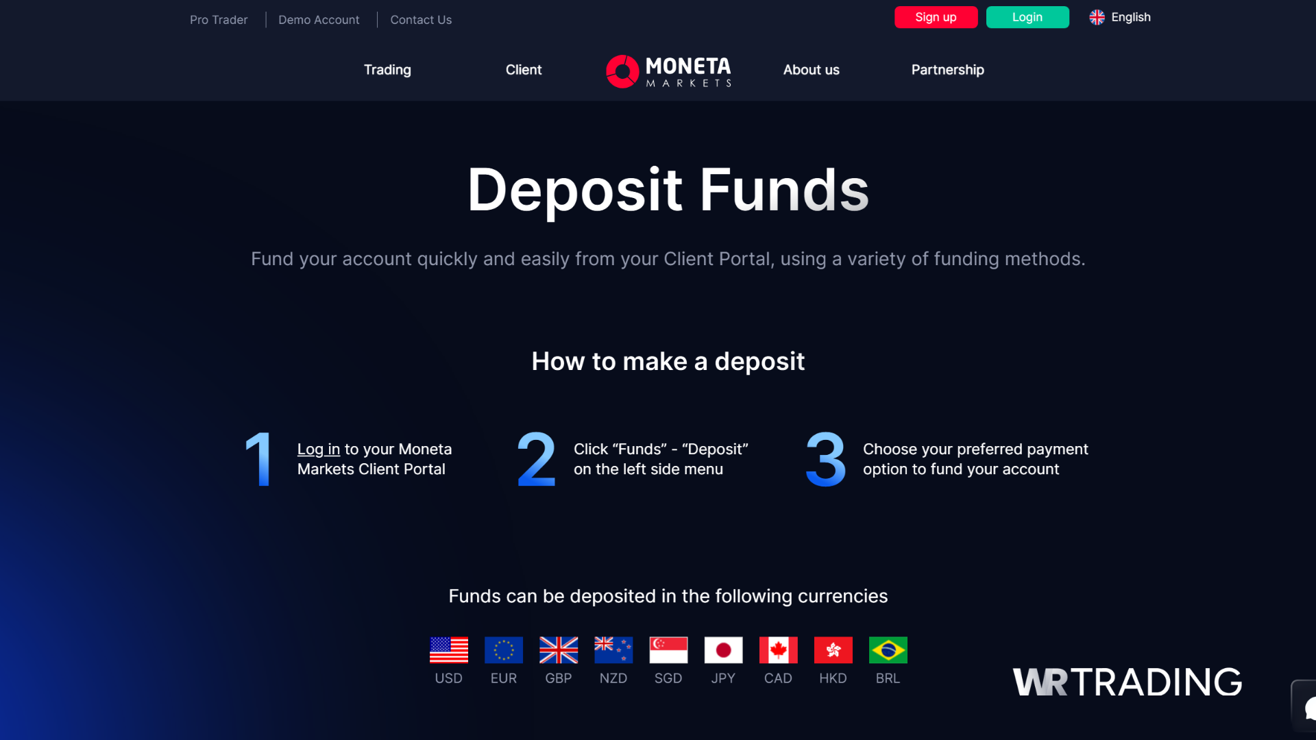 Moneta Markets Payment Methods and How to make a Deposit Page
