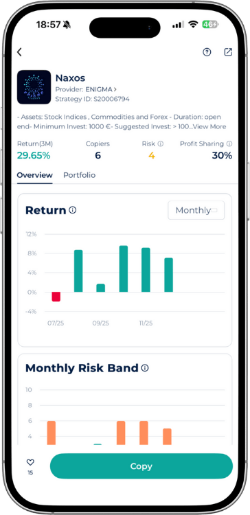 Naxos Expert Advisor monthly return and risk band analysis in the Startrader app featuring a 29.65 percent three-month return.