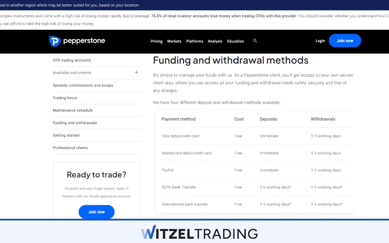 Pepperstone Funding and withdrawal methods