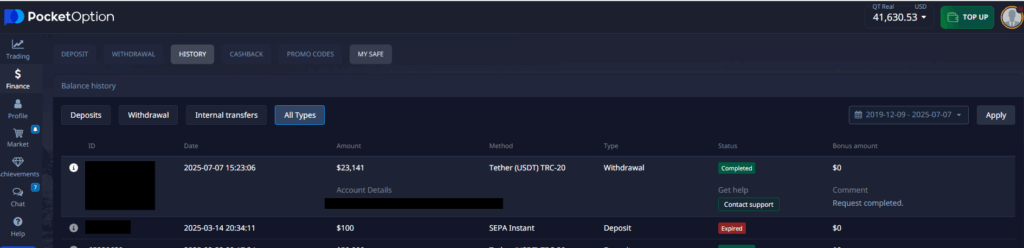 Pocket Option Withdrawal Proof over 23,000$