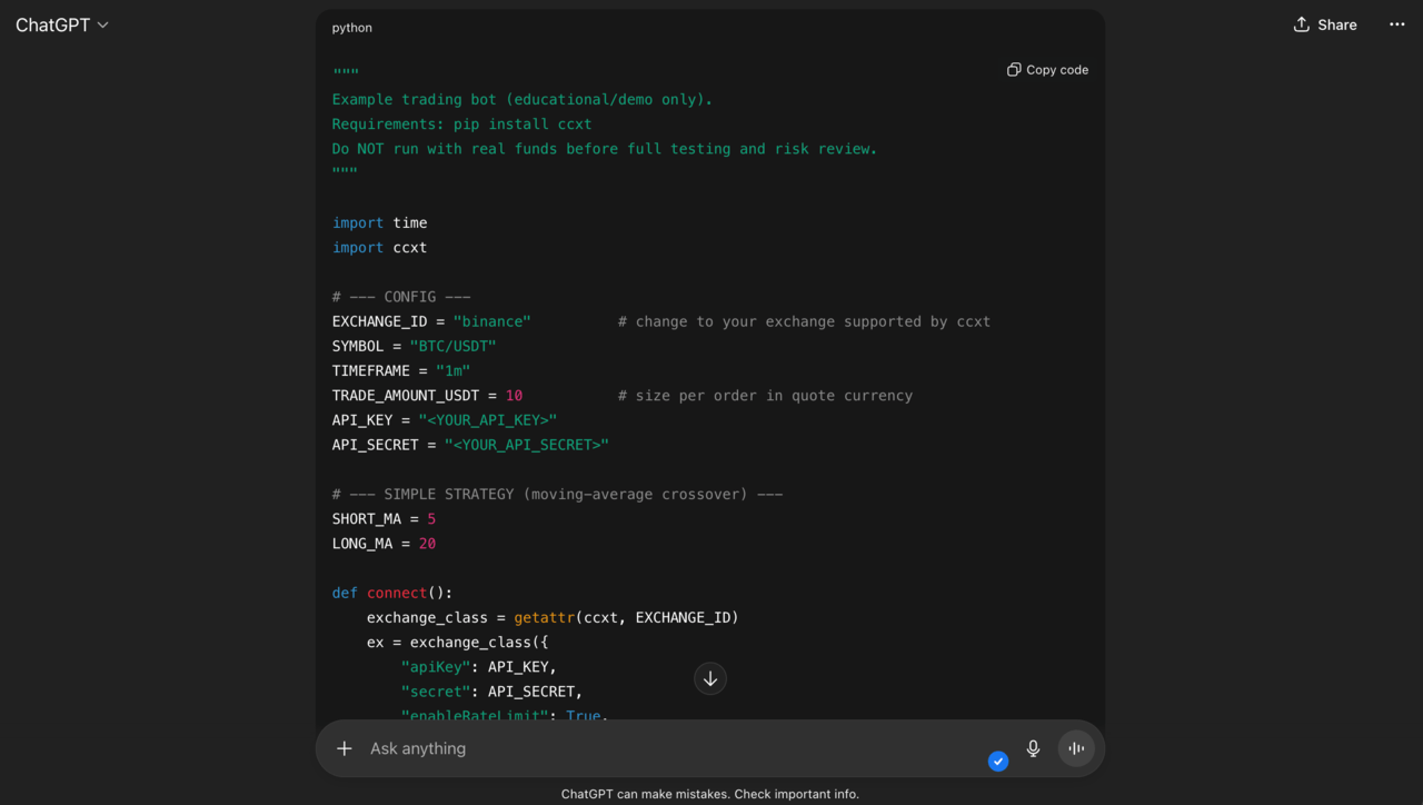 Python code for an example trading bot (moving average crossover strategy) using the ccxt library, shown on ChatGPT interface. Educational/demo use only.