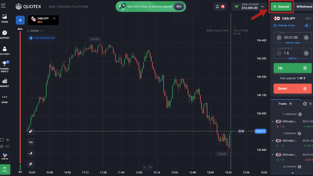 Quotex - Deposit funds to the account as trader in Singapore