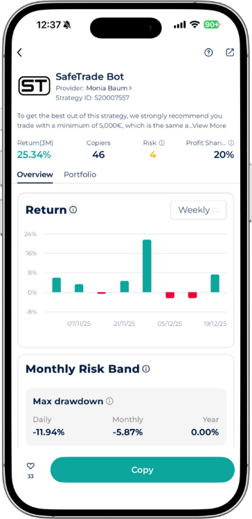 SafeTrade Bot Expert Advisor overview on Startrader app showing 25.34 percent Return 3M and Monthly Risk Band data.