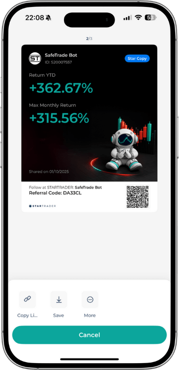 Startrader SafeTrade Bot trading bot performance with a YTD return of +362.67% and a max monthly return of +315.56%.