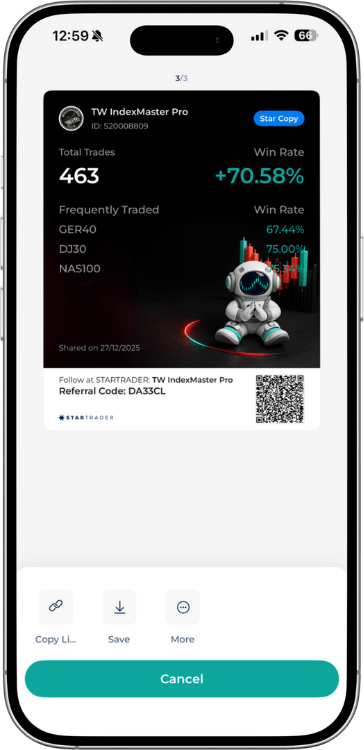TW IndexMaster Pro Expert Advisor performance on Startrader App showing 463 total trades and a 70.58% win rate.