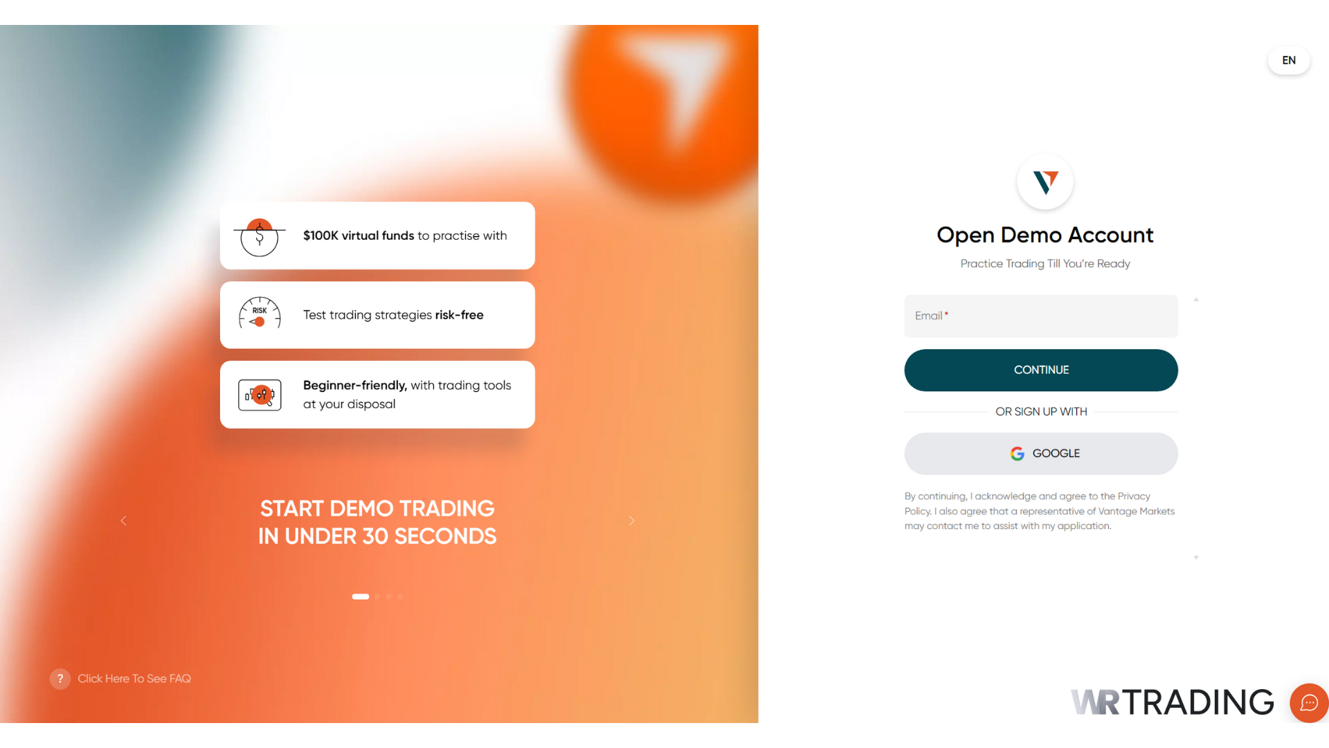 Vantage Markets Forex Trading Demo Account Opening Page