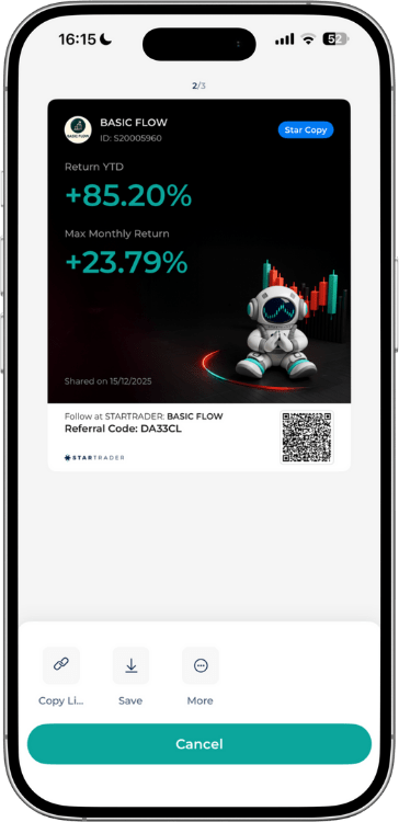 Trading Bot BASIC FLOW in the Startrader App showing +85.20% year-to-date return and +23.79% maximum monthly gain.