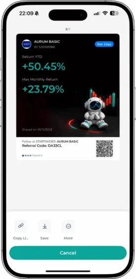 Startrader AURUM BASIC trading bot showing YTD return of +50.45% and maximum monthly return of +23.79%, with referral and QR code included.