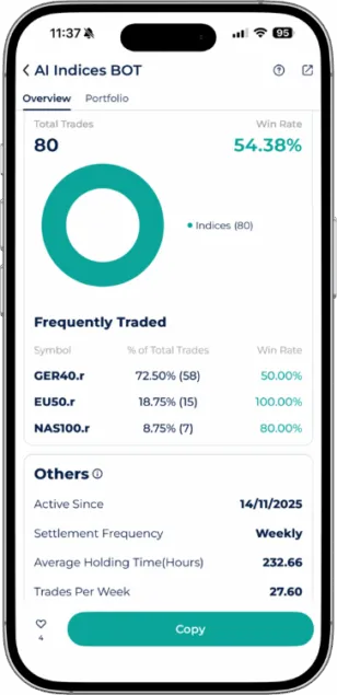 AI Indices BOT Expert Advisor dashboard showing win rate and frequently traded symbols like GER40 in the Startrader app.