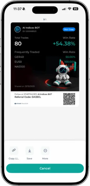 AI Indices BOT Expert Advisor trade statistics with 54.38% win rate in the Startrader app.