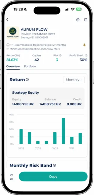 Aurum Flow Expert Advisor strategy equity and monthly returns in the Startrader app with an 81.63 percent three-month return.