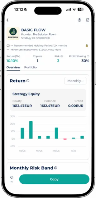 BASIC FLOW Expert Advisor performance on Startrader App with 10.10% 3-month return and strategy equity of 1612.47 EUR.