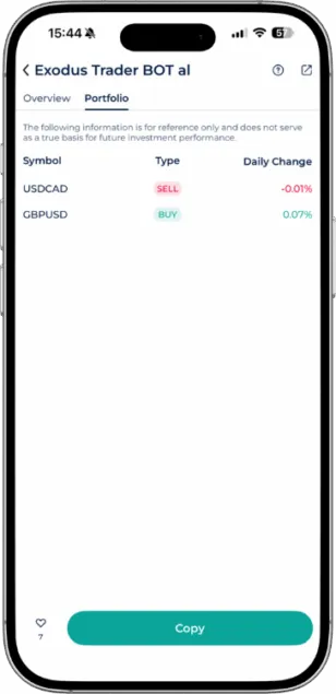Portfolio view of Exodus Trader BOT AI Expert Advisor in the Startrader app.
