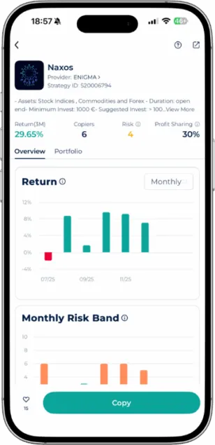 Naxos Expert Advisor monthly return and risk band analysis in the Startrader app featuring a 29.65 percent three-month return.