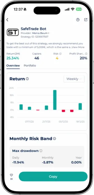 SafeTrade Bot Expert Advisor overview on Startrader app showing 25.34 percent Return 3M and Monthly Risk Band data.