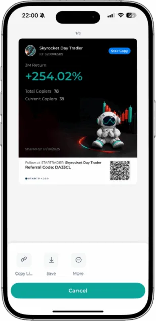 Startrader Skyrocket Day Trader copy trading bot showing a 3-month return of +254.02%, with 78 total copiers and a QR code for referral.