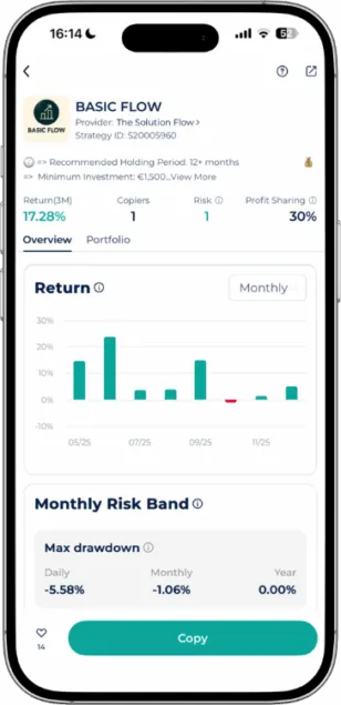 Trading Bot BASIC FLOW in the Startrader App showing 17.28% 3-month return, risk level 1 and maximum daily drawdown.