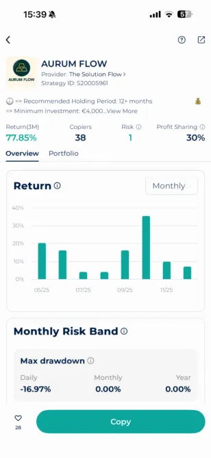 Trading Bot Aurum Flow in the Startrader App showing 77.85% 3-month return, risk level 1 and maximum daily drawdown.