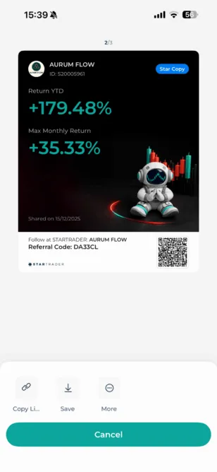 Trading Bot Aurum Flow in the Startrader App showing +179.48% year-to-date return and +35.33% maximum monthly return.