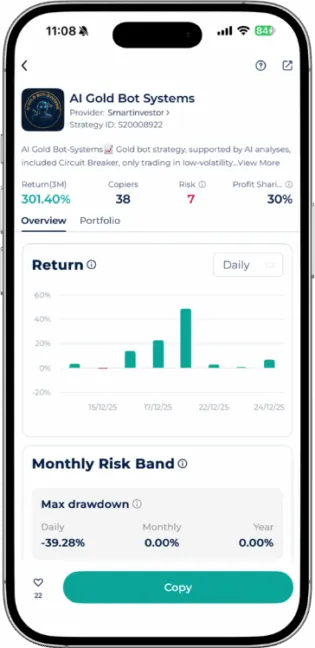 AI Gold Bot Systems Expert Advisor on Startrader app interface displaying Return 3M of 301.40 percent and monthly risk band.
