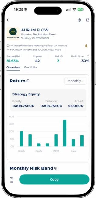 Aurum Flow Expert Advisor strategy equity and monthly returns in the Startrader app with an 81.63 percent three-month return.