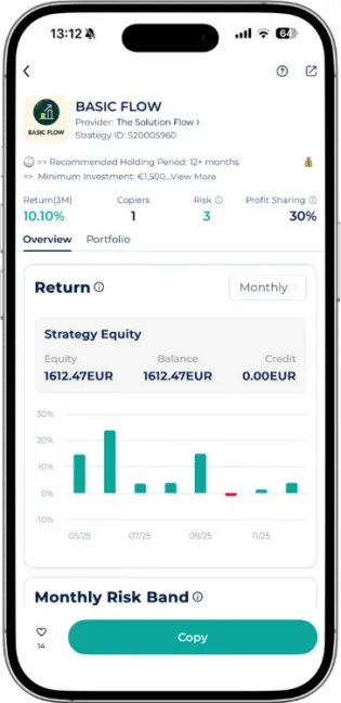 BASIC FLOW Expert Advisor performance on Startrader App with 10.10% 3-month return and strategy equity of 1612.47 EUR.