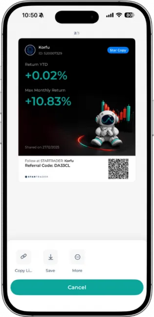 Korfu Expert Advisor performance on Startrader App showing 0.02% Return YTD and 10.83% Max Monthly Return.