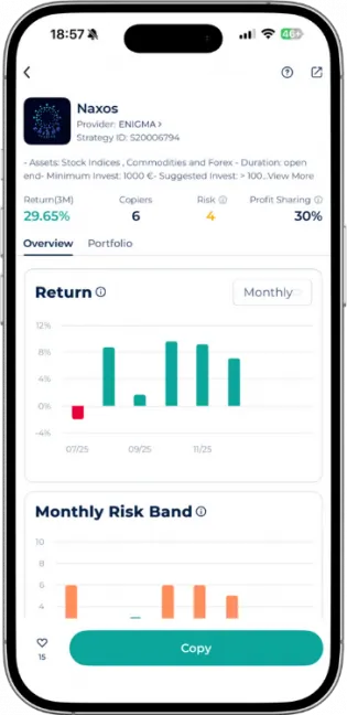Naxos Expert Advisor monthly return and risk band analysis in the Startrader app featuring a 29.65 percent three-month return.