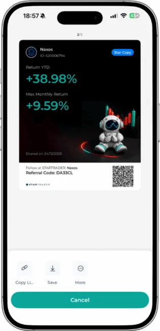 Naxos Expert Advisor Year to Date performance in the Startrader app showing a 38.98 percent return