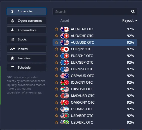 Binary Options trading different assets