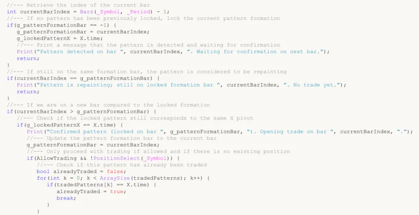 MQL4/MQL5 code snippet for a custom trading bot, showing logic for pattern detection, locking the bar, repainting check, and trade confirmation/execution.