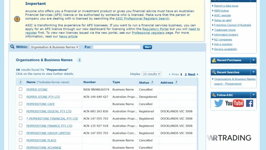 ASIC Regulatory Search Connect Results