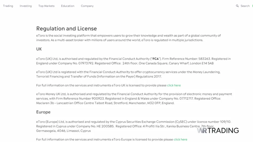 EToro Regulation and License details page