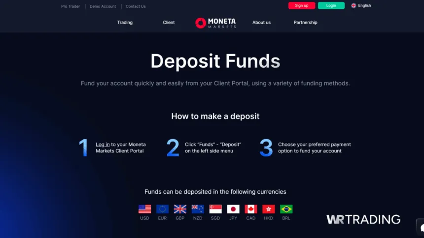 Moneta Markets Payment Methods and How to make a Deposit Page