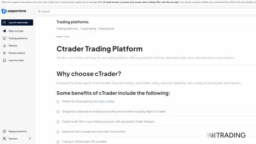 Pepperstone cTrader platform offering fast execution and advanced trading tools