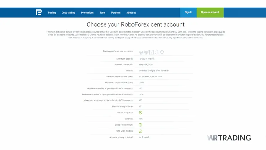 RoboForex cent mini account details