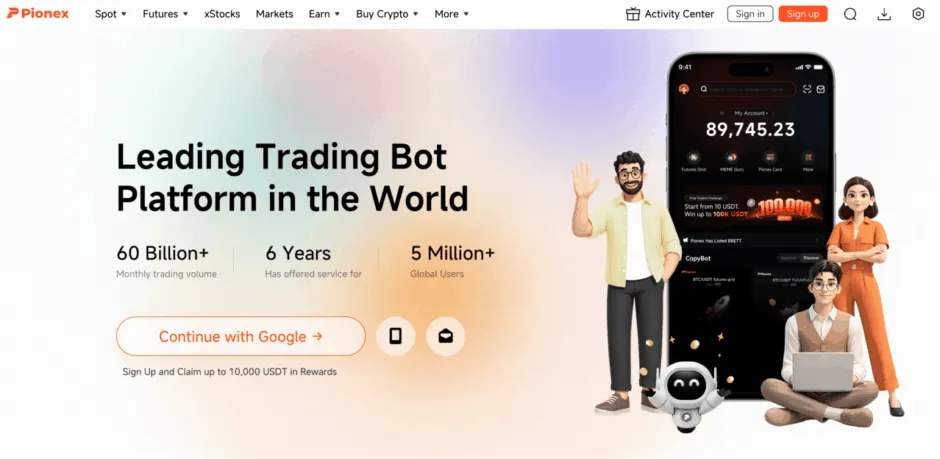 Pionex homepage claiming to be the "Leading Trading Bot Platform in the world," with 60 Billion+ monthly trading volume, 6 years of service, and 5 Million+ global users.