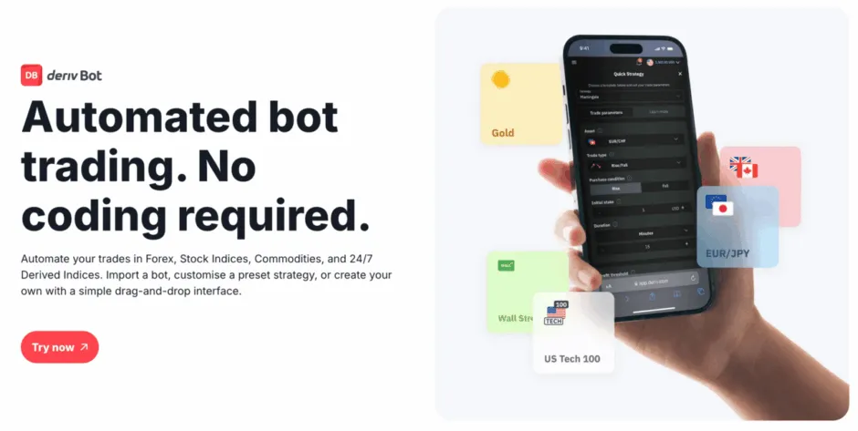 Trading Bot by Deriv: Automated bot trading with no coding required, using a drag-and-drop interface for Forex, Stock Indices, and Commodities.