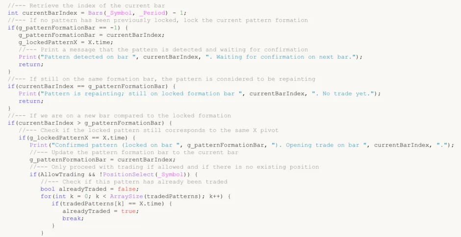 MQL4/MQL5 code snippet for a custom trading bot, showing logic for pattern detection, locking the bar, repainting check, and trade confirmation/execution.