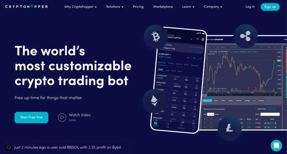 Cryptohopper homepage declaring itself as "The world's most customizable crypto trading bot"