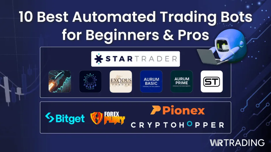 List of the 10 Best Automated Trading Bots for Beginners and Pros, featuring platforms like StarTrader, Pionex, Cryptohopper, Bitget, Forex Fury, and Aurum Prime.