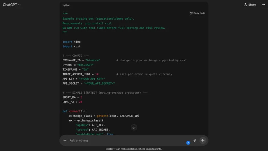 Python code for an example trading bot (moving average crossover strategy) using the ccxt library, shown on ChatGPT interface. Educational/demo use only.