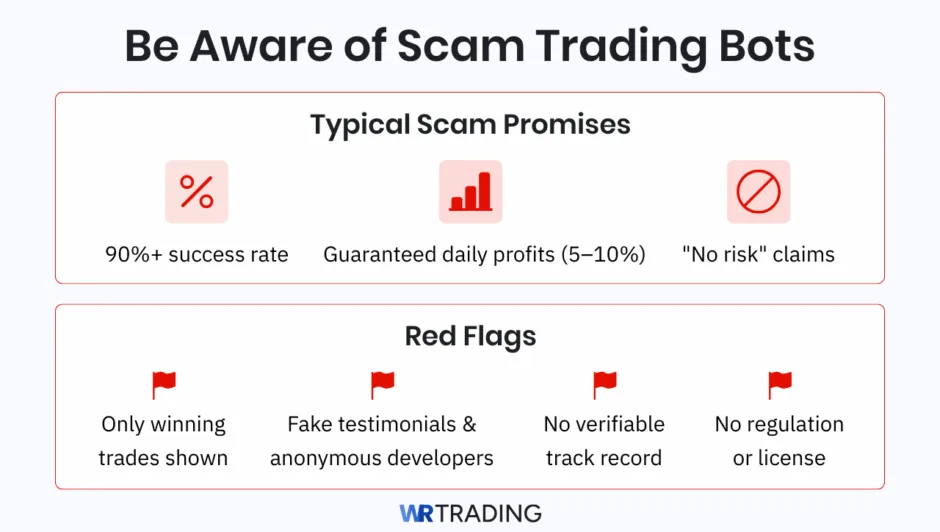 Warning about scam trading bots. Typical promises include 90%+ success rate, guaranteed daily profits, and "no risk" claims. Red flags: fake testimonials, no verifiable track record, and no regulation.