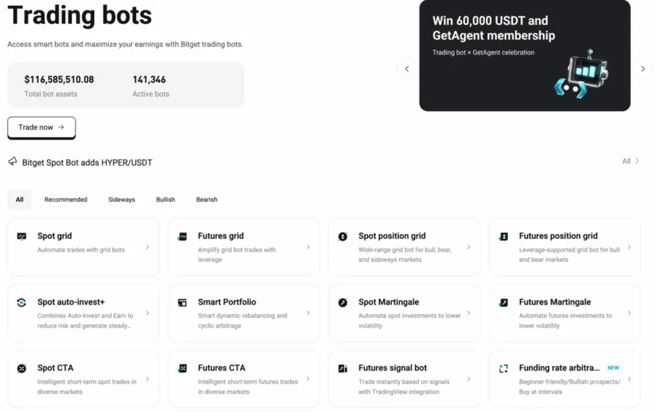 Bitget trading bots dashboard showing 6M in assets and 141K active bots. Lists Spot Grid, Futures Grid, Martingale, CTA, Funding Rate Arbitrage bots and more.